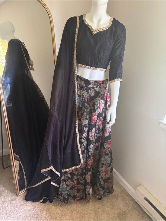 Other - Brand new with 2 tops Black and Gold Floral Outfit lehengas Dupatta 4 piece set